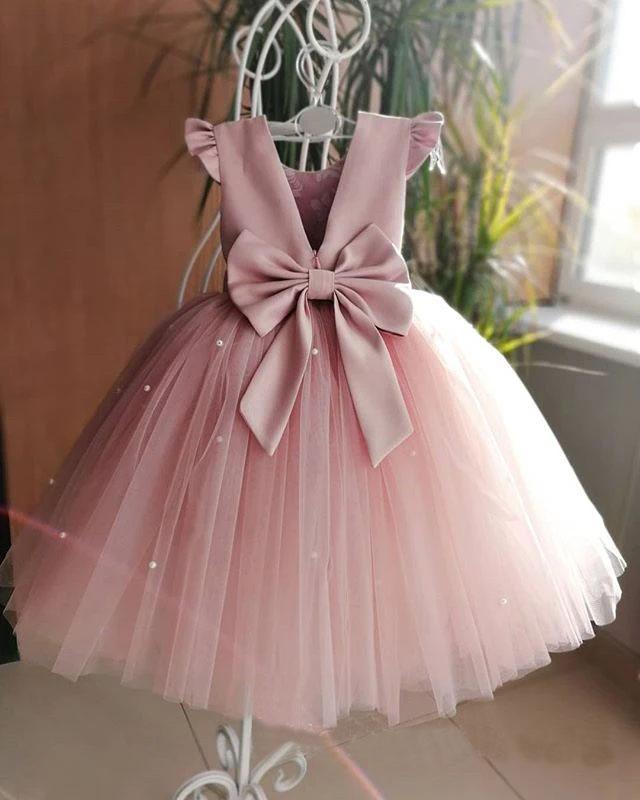 Lovely Pretty Pink Round Neck Tulle Flower Girl Dresses, Cheap Wedding Little Girl STF15258