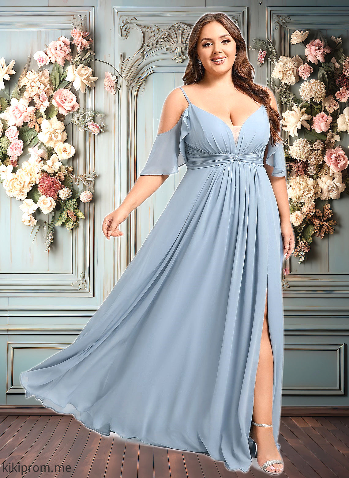 Carly A-line Cold Shoulder Floor-Length Chiffon Bridesmaid Dress With Ruffle HFP0025797