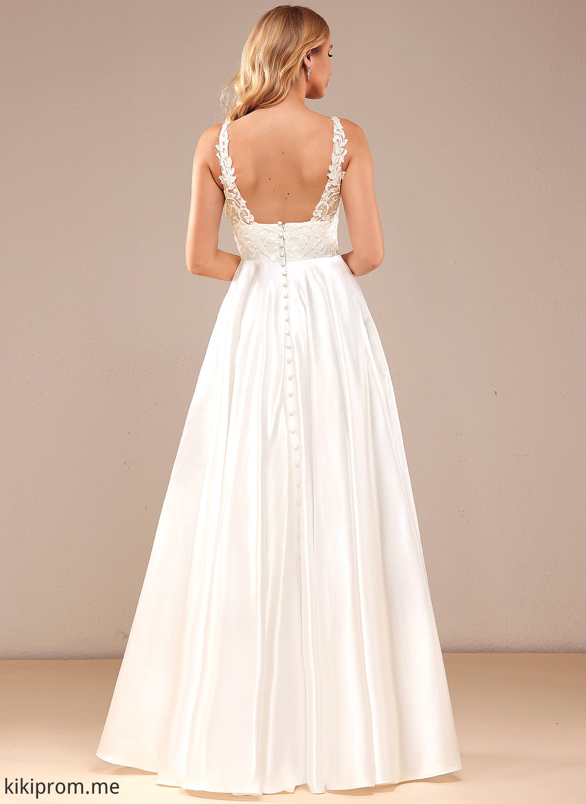 Floor-Length Wedding Dresses Satin Tina Dress V-neck With Lace Wedding Lace Ball-Gown/Princess Pockets