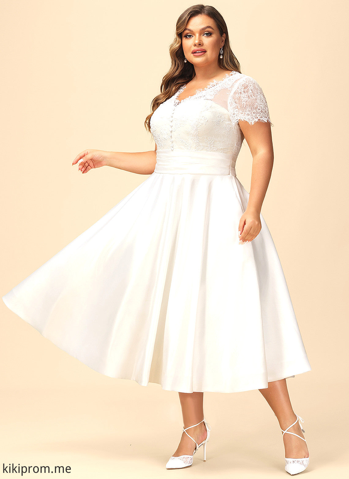 Tea-Length Wedding Dresses Lace Allison Dress Ruffle V-neck Wedding A-Line Satin Pockets With