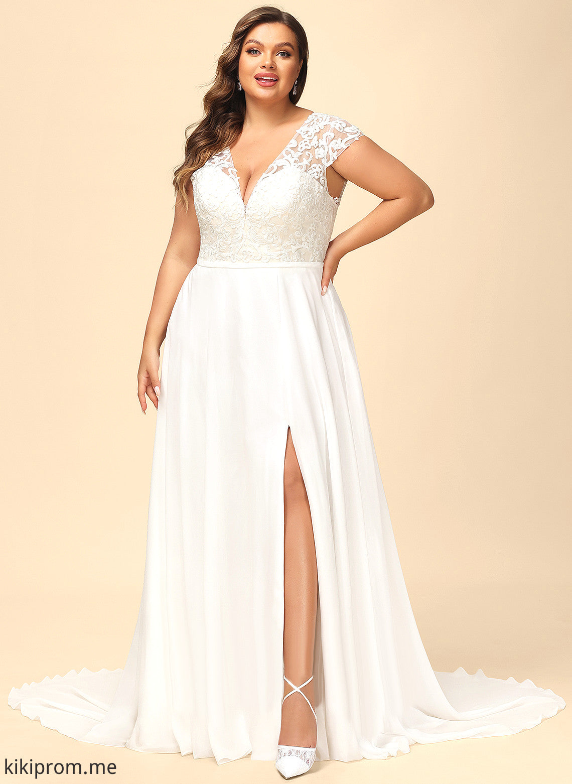 Wedding Dresses Wedding Split Train Lace A-Line V-neck Chiffon Dress Sweep With Front Mavis