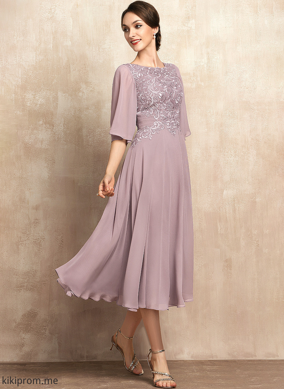 Susan Bride Mother Chiffon of Neck Mother of the Bride Dresses Scoop Lace Tea-Length A-Line the Dress