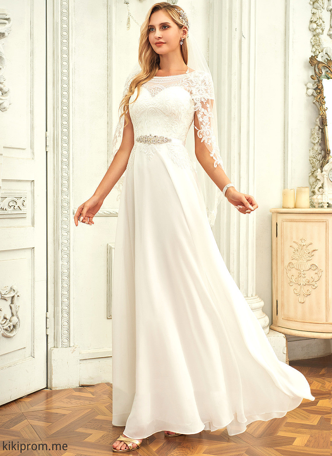 With Floor-Length Neck Kallie Lace Sequins Scoop Wedding Dress Chiffon Wedding Dresses