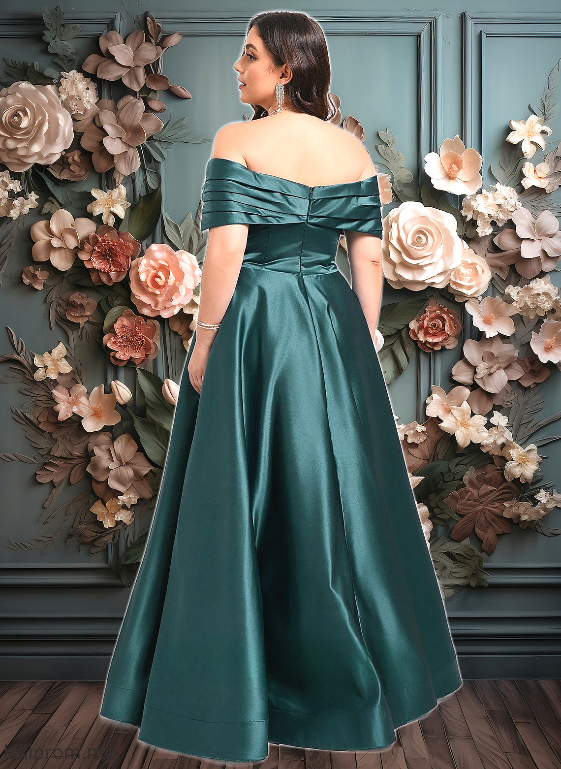 Terri A-line Off the Shoulder Floor-Length Satin Prom Dresses With Pleated HFP0025851