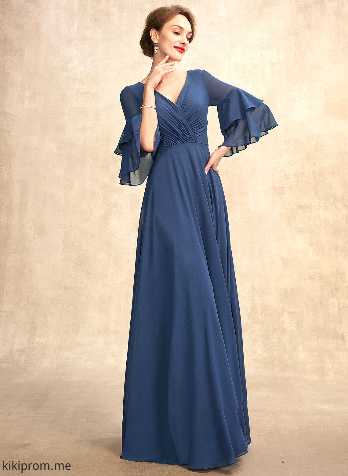 Adelyn Ruffles Mother of the Bride Dresses Mother Floor-Length Dress Chiffon the Cascading With V-neck of A-Line Bride