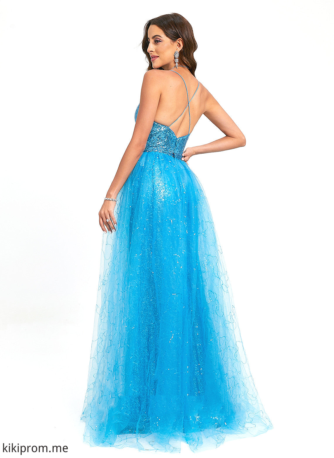 With Sequined Tulle Ball-Gown/Princess Prom Dresses Floor-Length Sequins Carolyn V-neck