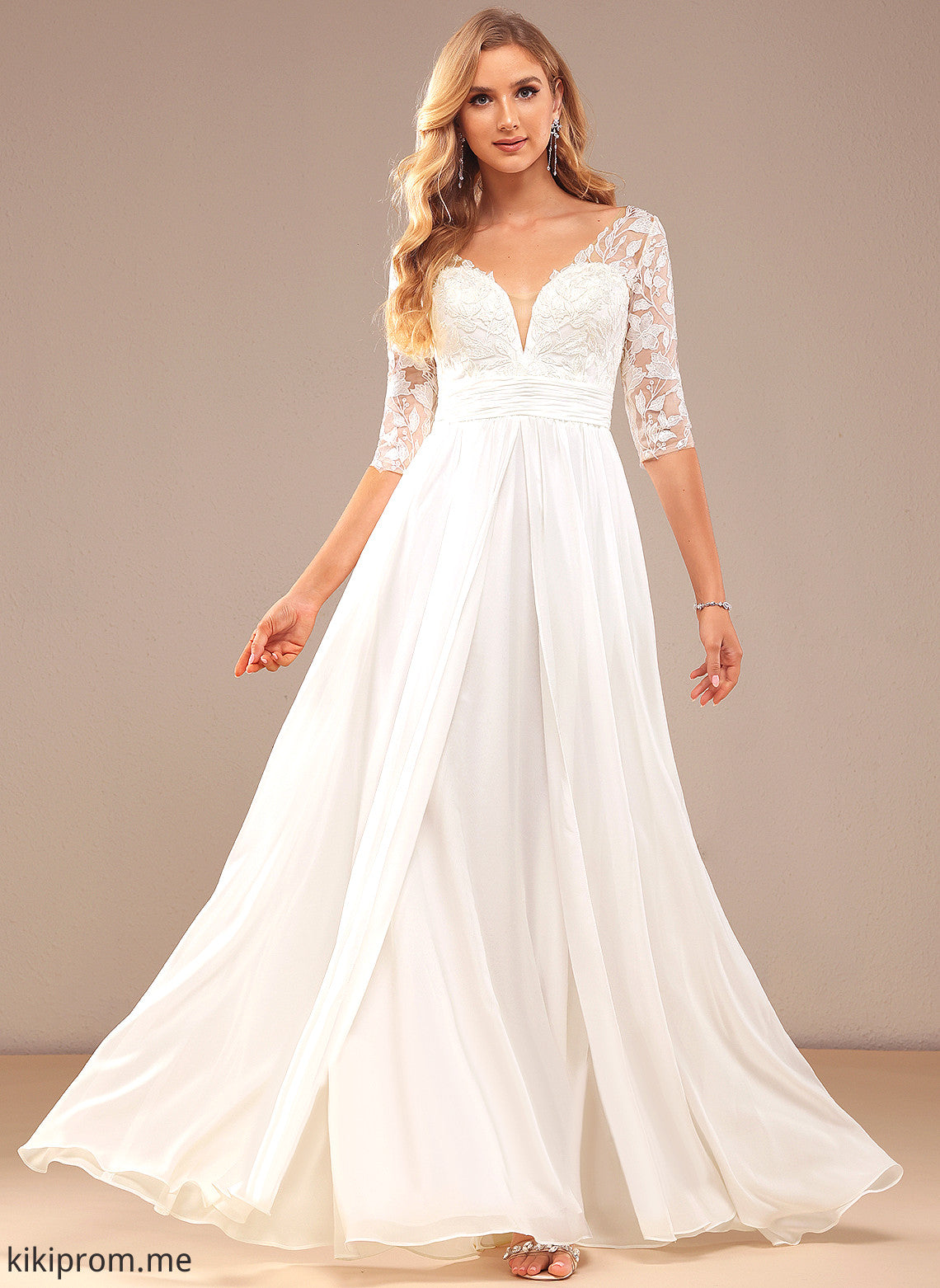 Floor-Length Ruffle Wedding A-Line Dress Claire Lace With V-neck Wedding Dresses Chiffon Sequins Lace