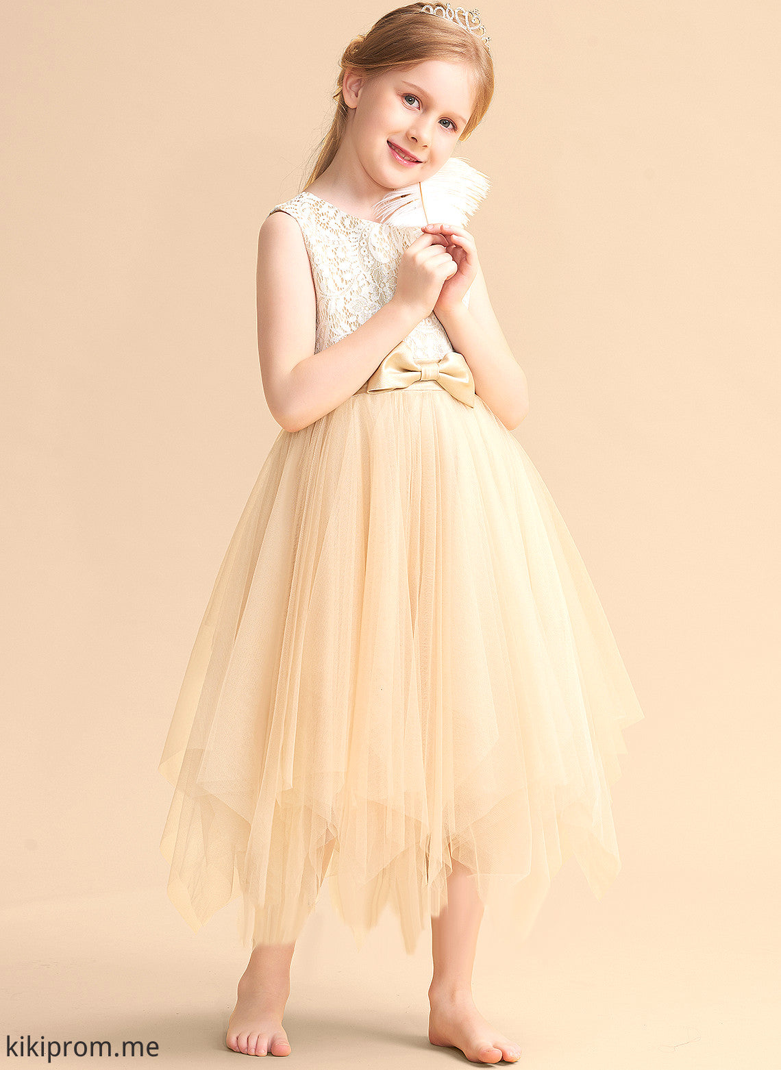 Girl Tulle Neck Tea-length Dress - Flower Lace/Bow(s) Lauryn Sleeveless With A-Line Scalloped Flower Girl Dresses