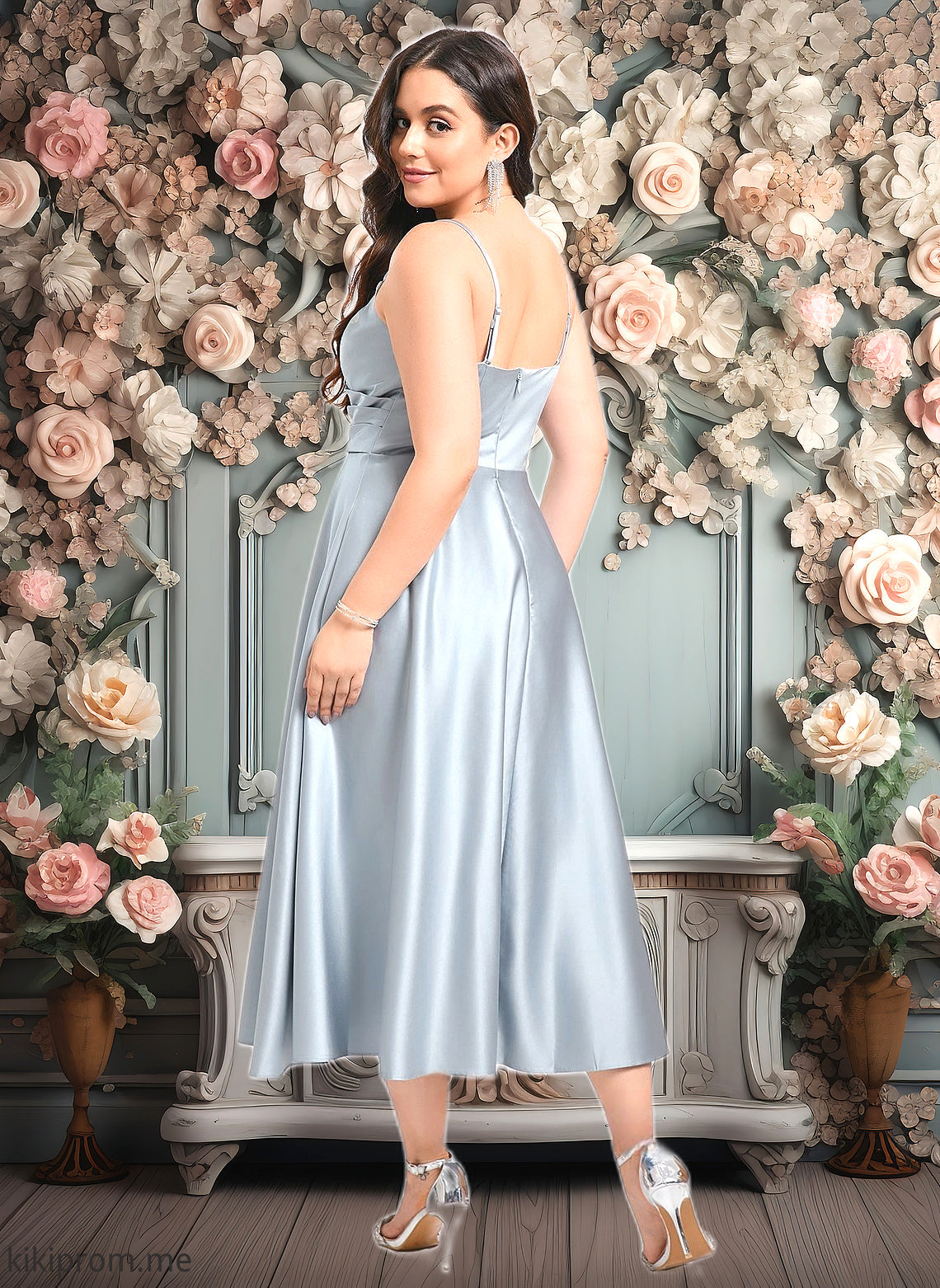 Pamela A-line V-Neck Tea-Length Satin Bridesmaid Dress HFP0025794