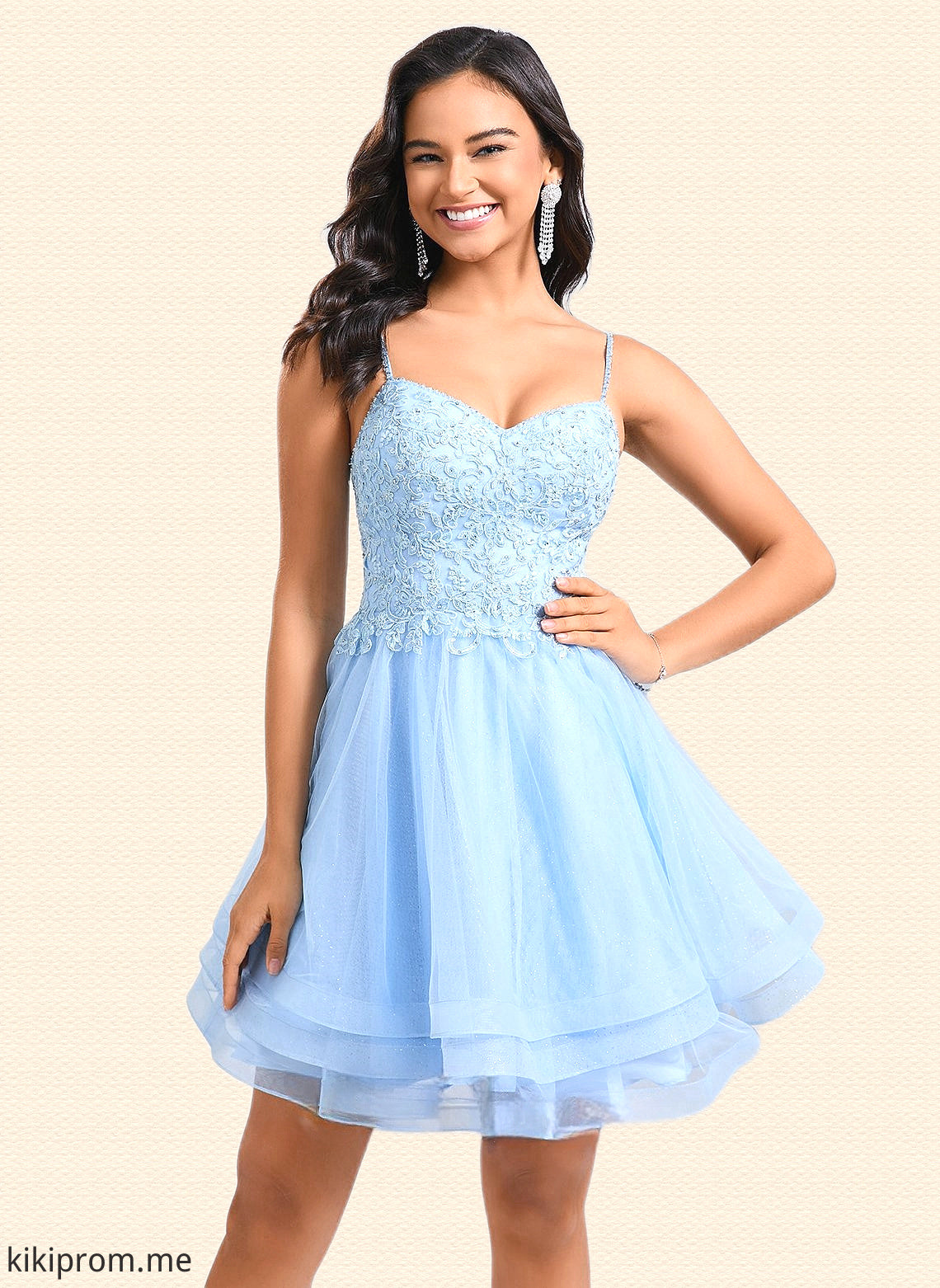 Angeline A-line V-Neck Short Lace Tulle Homecoming Dress With Rhinestone Sequins HFP0025658