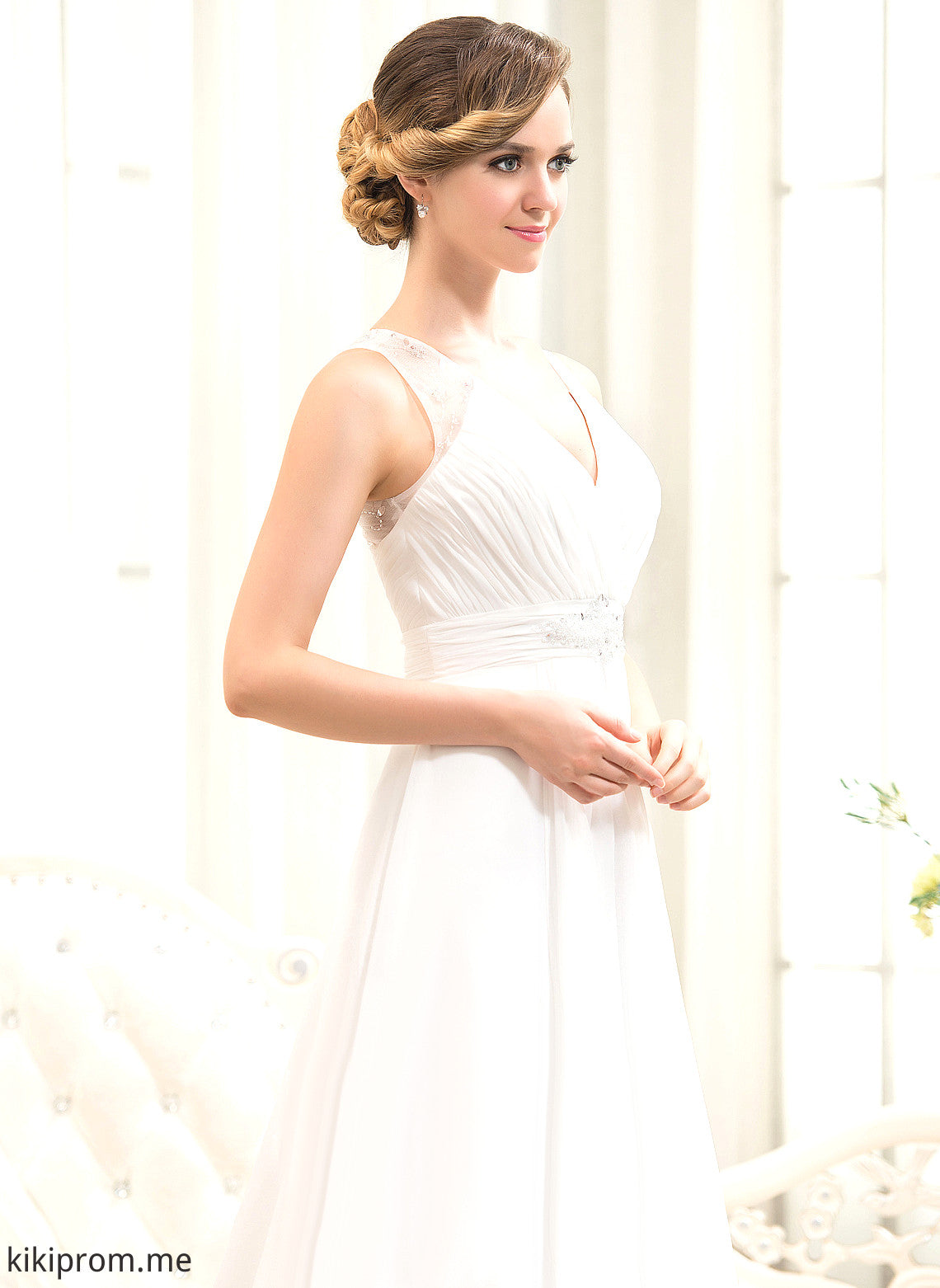 Chiffon Wedding Dresses Cascading A-Line Beading V-neck Adeline Train With Wedding Ruffles Sweep Dress Tulle Sequins