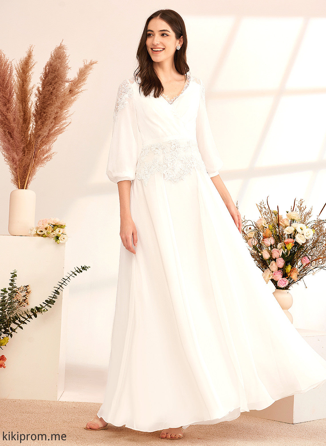 Wedding Chiffon Floor-Length A-Line V-neck Wedding Dresses Sherlyn Dress