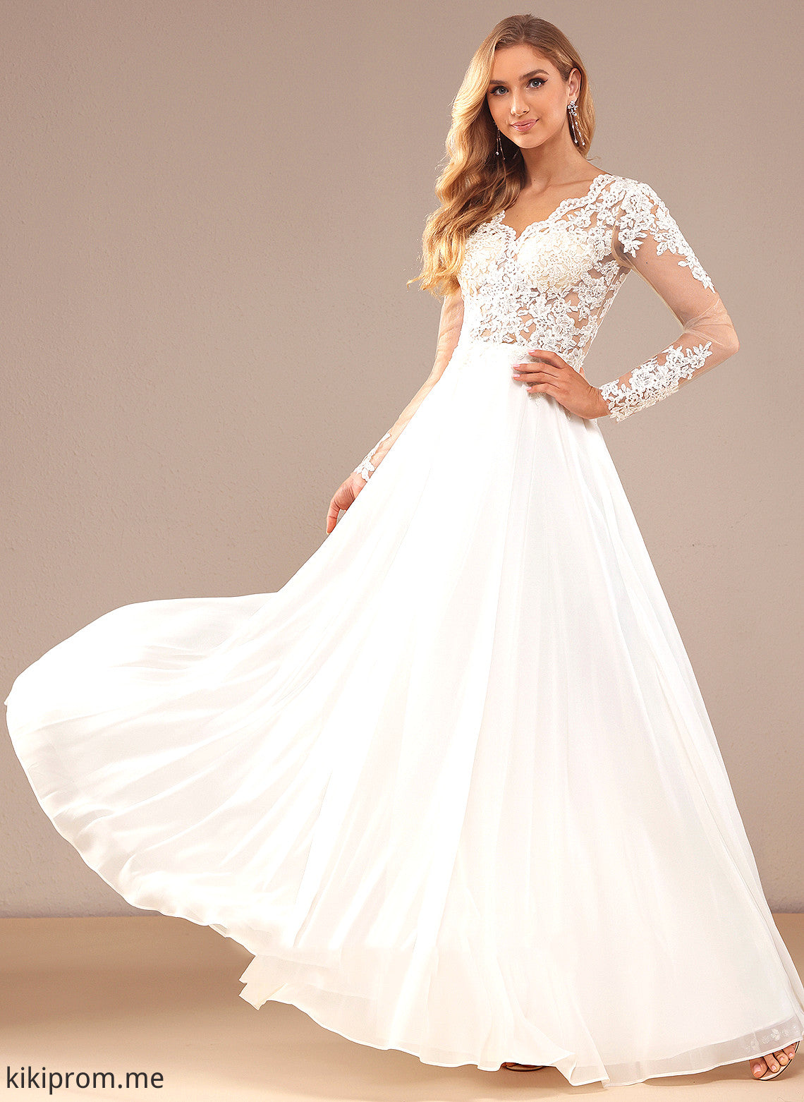 Liliana Floor-Length Dress Lace Wedding Dresses Wedding With A-Line Chiffon V-neck Lace Sequins