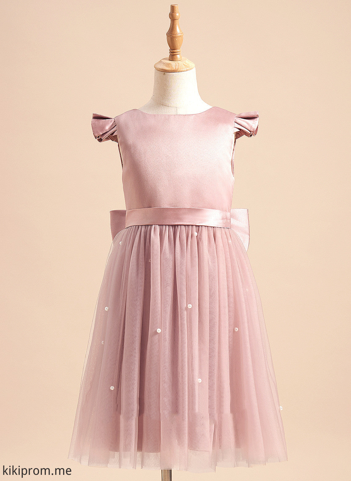 Sleeves Flower Beading/Bow(s) - Short Girl Scoop Knee-length With Neck Kiera Satin/Tulle Dress Flower Girl Dresses A-Line