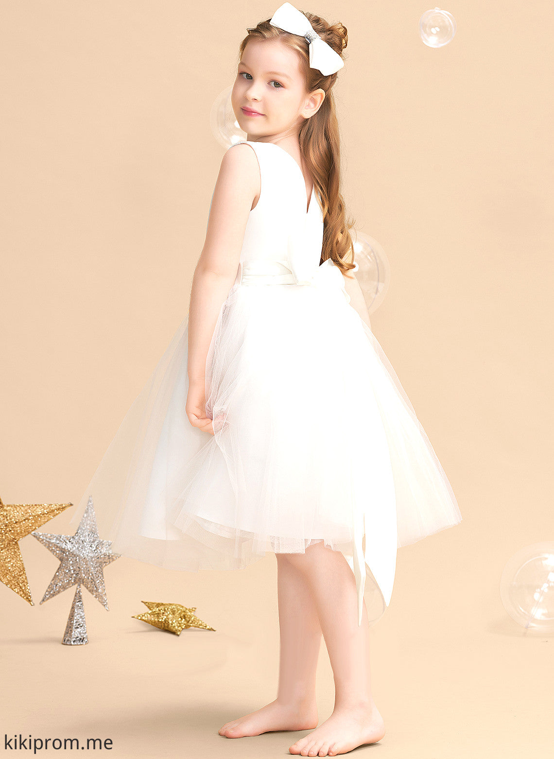 V-neck Flower Millicent Flower Girl Dresses With Sleeveless A-Line Girl Satin/Tulle - Dress Bow(s) Knee-length