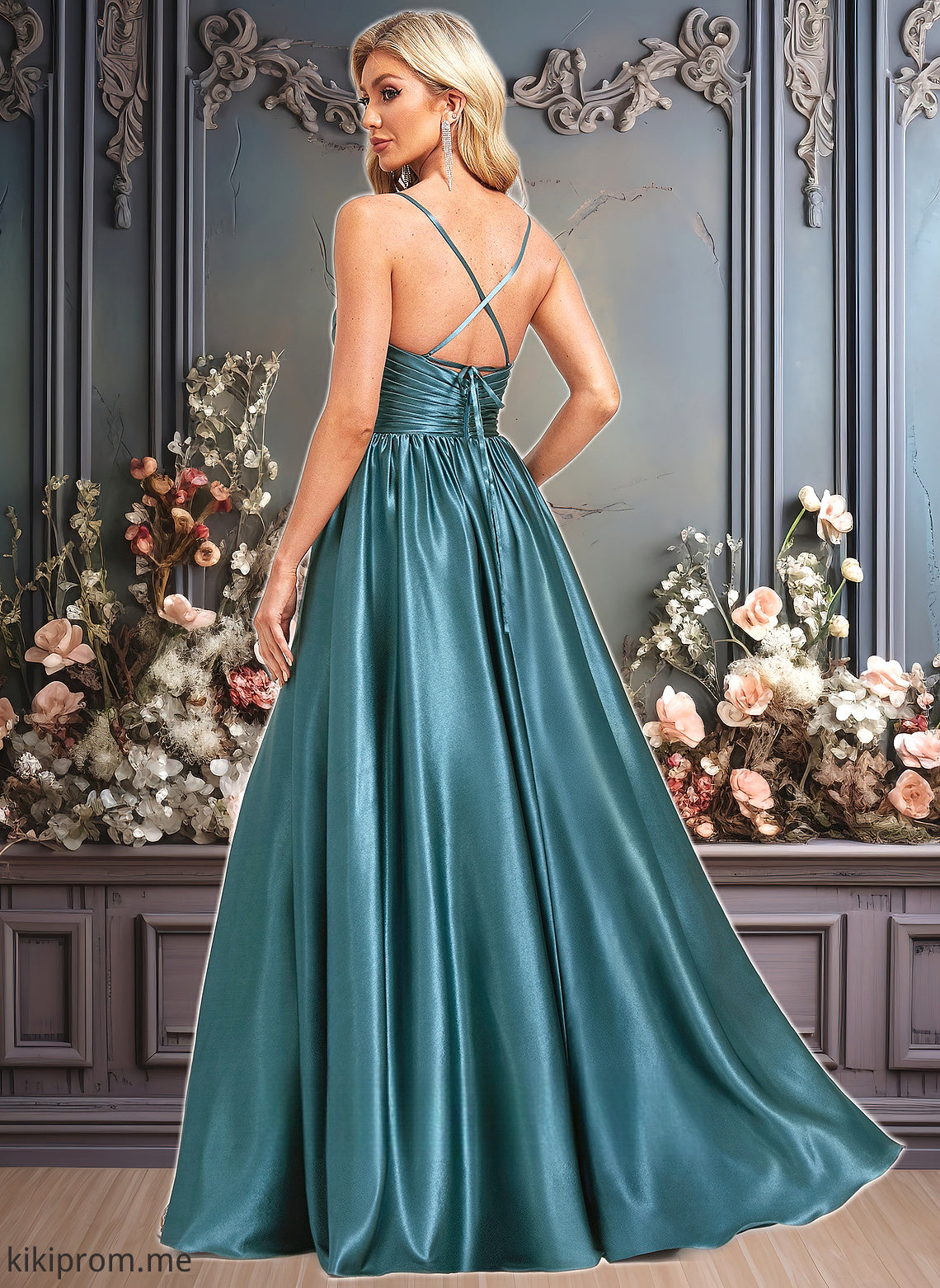 Ryann A-line V-Neck Floor-Length Stretch Satin Bridesmaid Dress HFP0025786