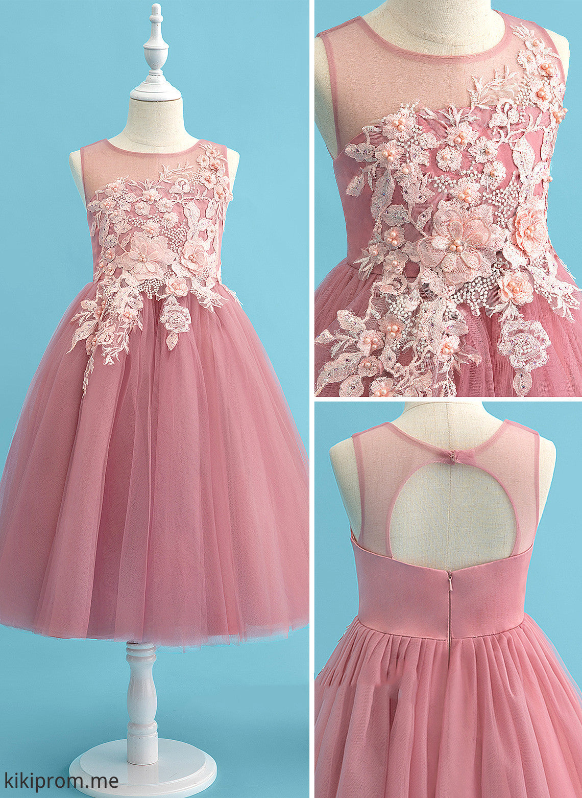 Tulle Sleeveless Girl Scoop Dress Flower Neck Jordin With Flower Girl Dresses Tea-length Lace/Beading - Ball-Gown/Princess