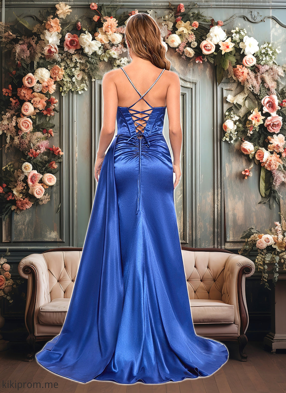 Maribel Trumpet/Mermaid Straight Sweep Train Stretch Satin Prom Dresses With Rhinestone HFP0025861