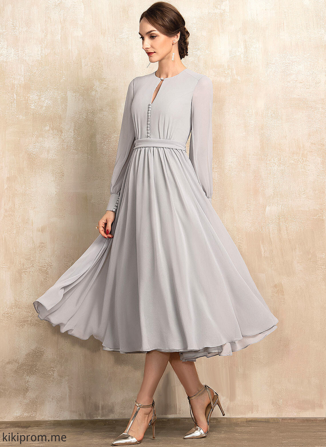 Dress of Tea-Length Neck A-Line Mother of the Bride Dresses Bow(s) Chiffon With Bride Mother the Kristin Scoop