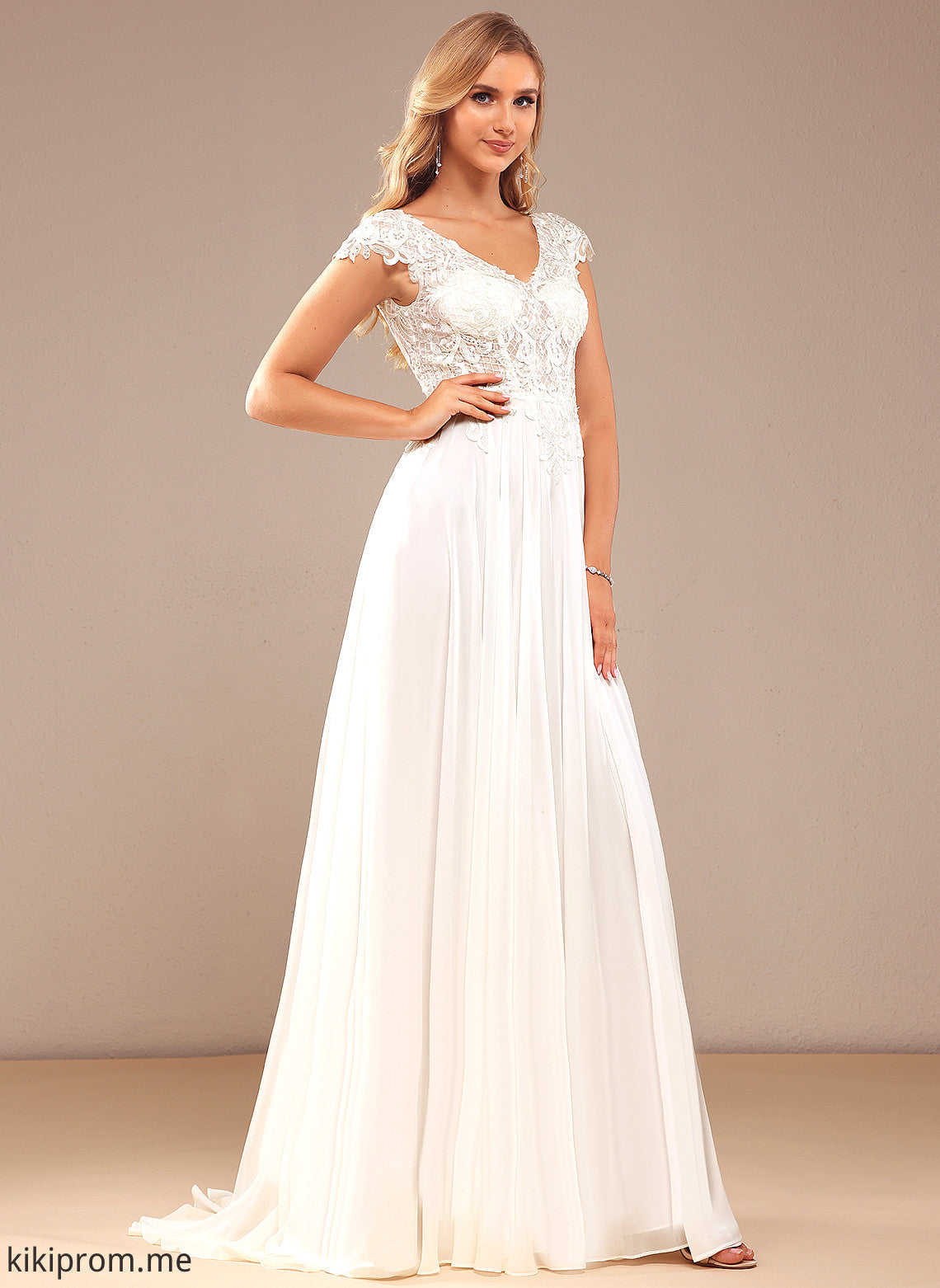 A-Line Natasha Wedding Dresses Chiffon Sweep Dress Lace Train V-neck Wedding Lace With