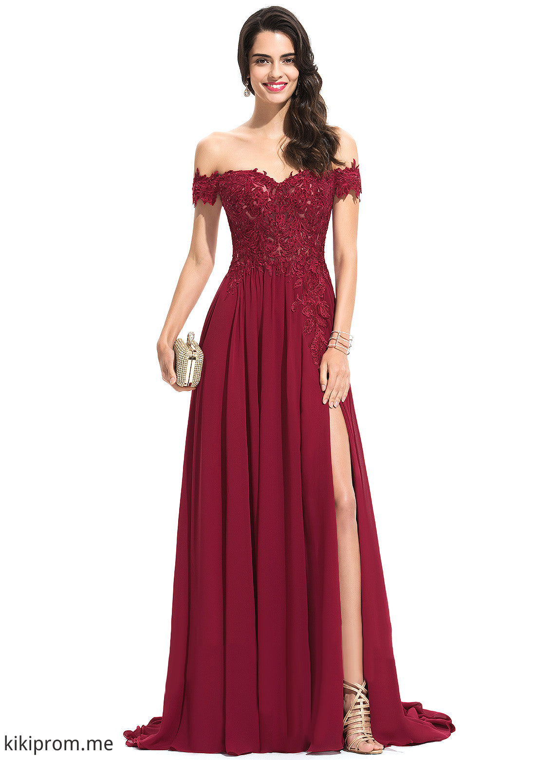 With Lace Off-the-Shoulder Sophia Sweep Chiffon Sequins A-Line Train Prom Dresses