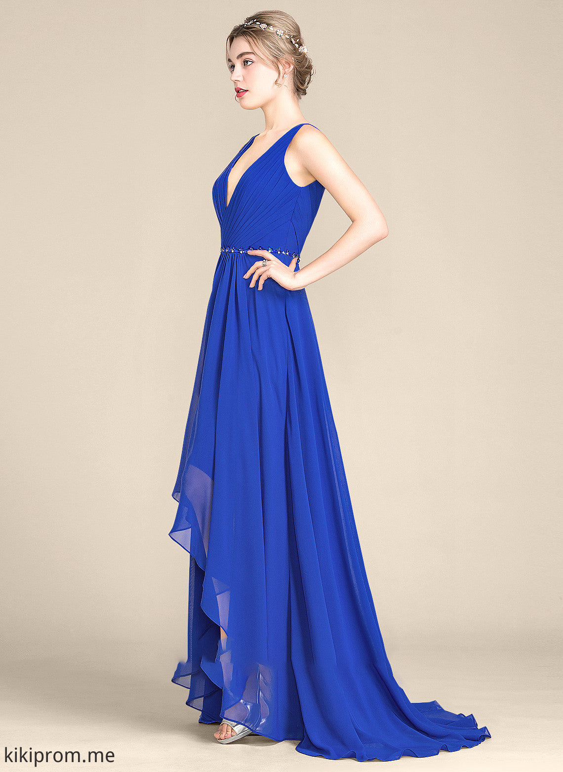 Asymmetrical Chiffon V-neck Prom Dresses Sequins Haven Ruffle With A-Line Beading