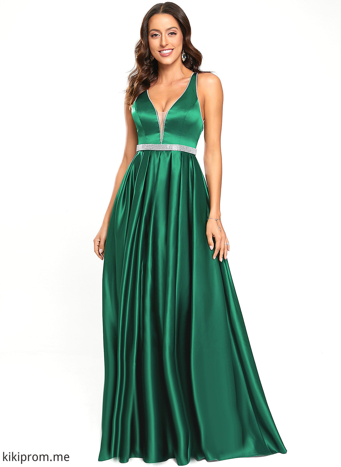 With Prom Dresses A-Line Morgan Satin Beading V-neck Floor-Length