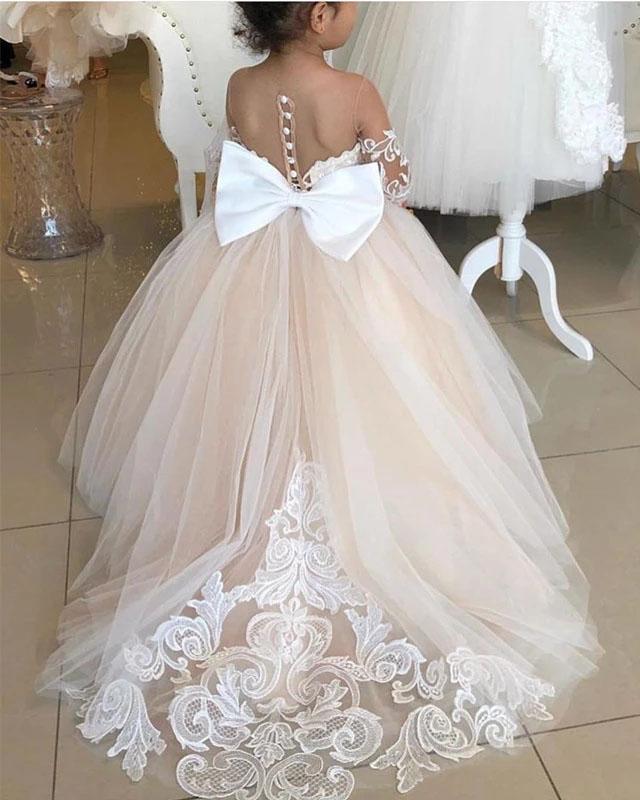 Ball Gown Long Sleeve Tulle Appliques Flower Girl Dresses with Bowknot, Baby Dresses STF15560