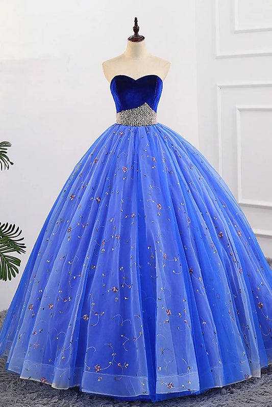 Ball Gown Sweetheart Strapless Blue Prom Dresses with Beading, Tulle Quinceanera Dresses STF15073