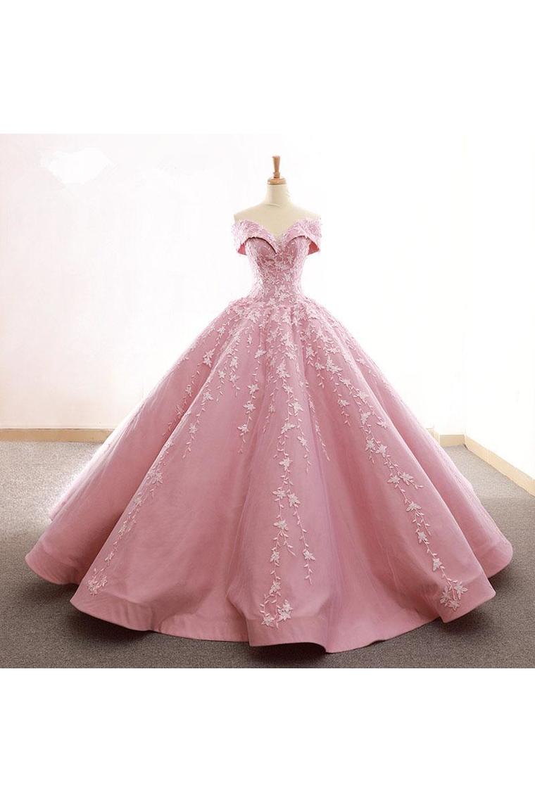 Ball Gown Off The Shoulder Satin Prom Dress With Appliques Long Quinceanera STFPDJZ6JB1