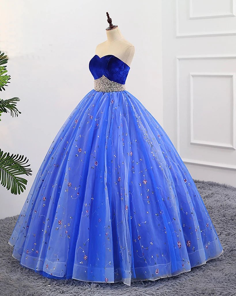 Ball Gown Sweetheart Strapless Blue Prom Dresses with Beading, Tulle Quinceanera Dresses STF15073