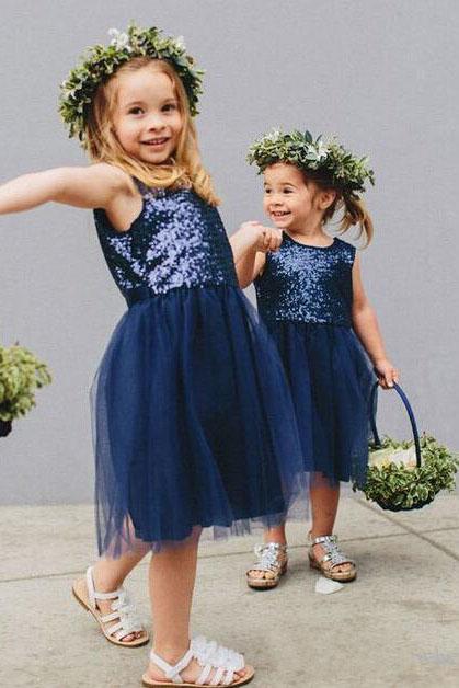 Vintage Navy Blue Sequins Flower Girls Dresses, Short Tulle Birthday Girl Dresses STF15607