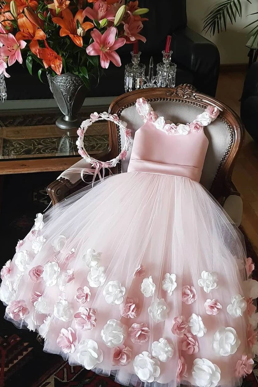 A Line Round Neck Pink Hand Made Flowers Flower Girl Dresses Tulle Wedding Party Dresses STF15019