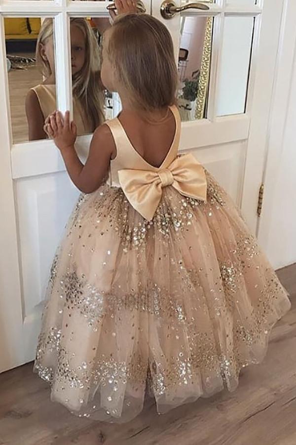 Princess Ball Gown Champagne Sequins Bowknot V Back Flower Girl Dresses STF15291