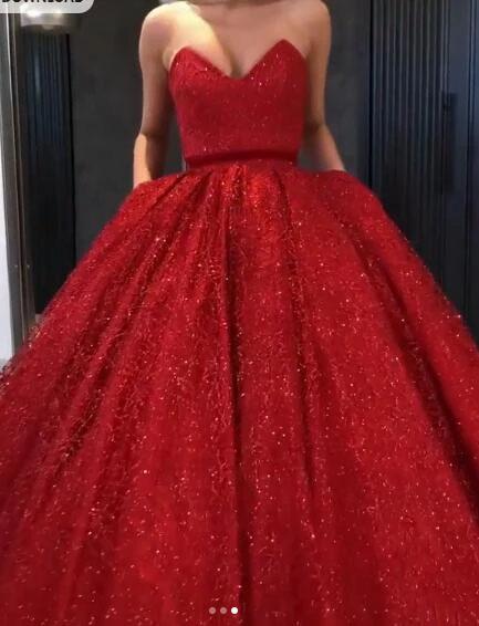 Sparkly Ball Gown Burgundy Strapless Sweetheart Prom Dresses, Long Quinceanera Dresses STF15428