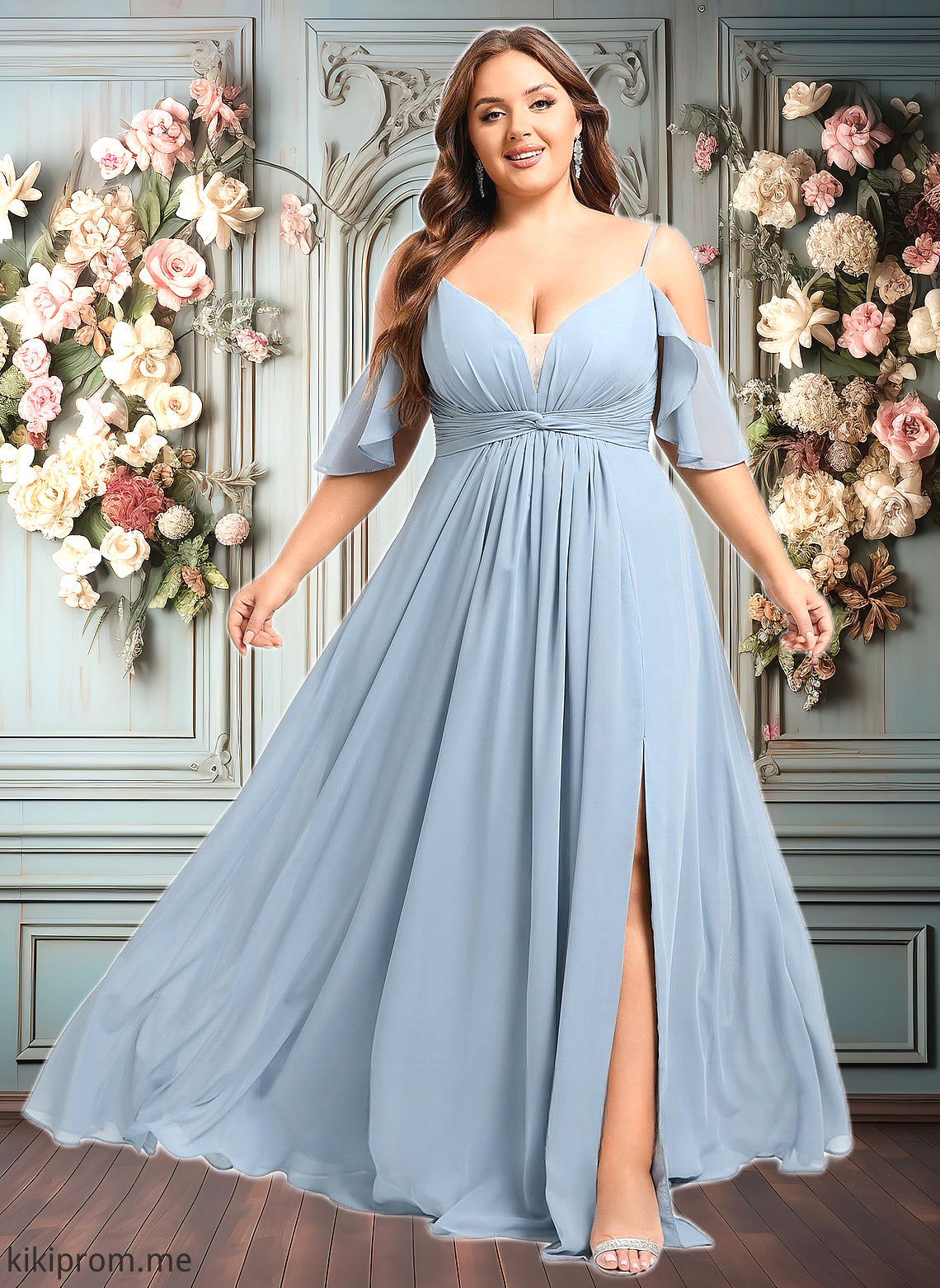 Carly A-line Cold Shoulder Floor-Length Chiffon Bridesmaid Dress With Ruffle HFP0025797