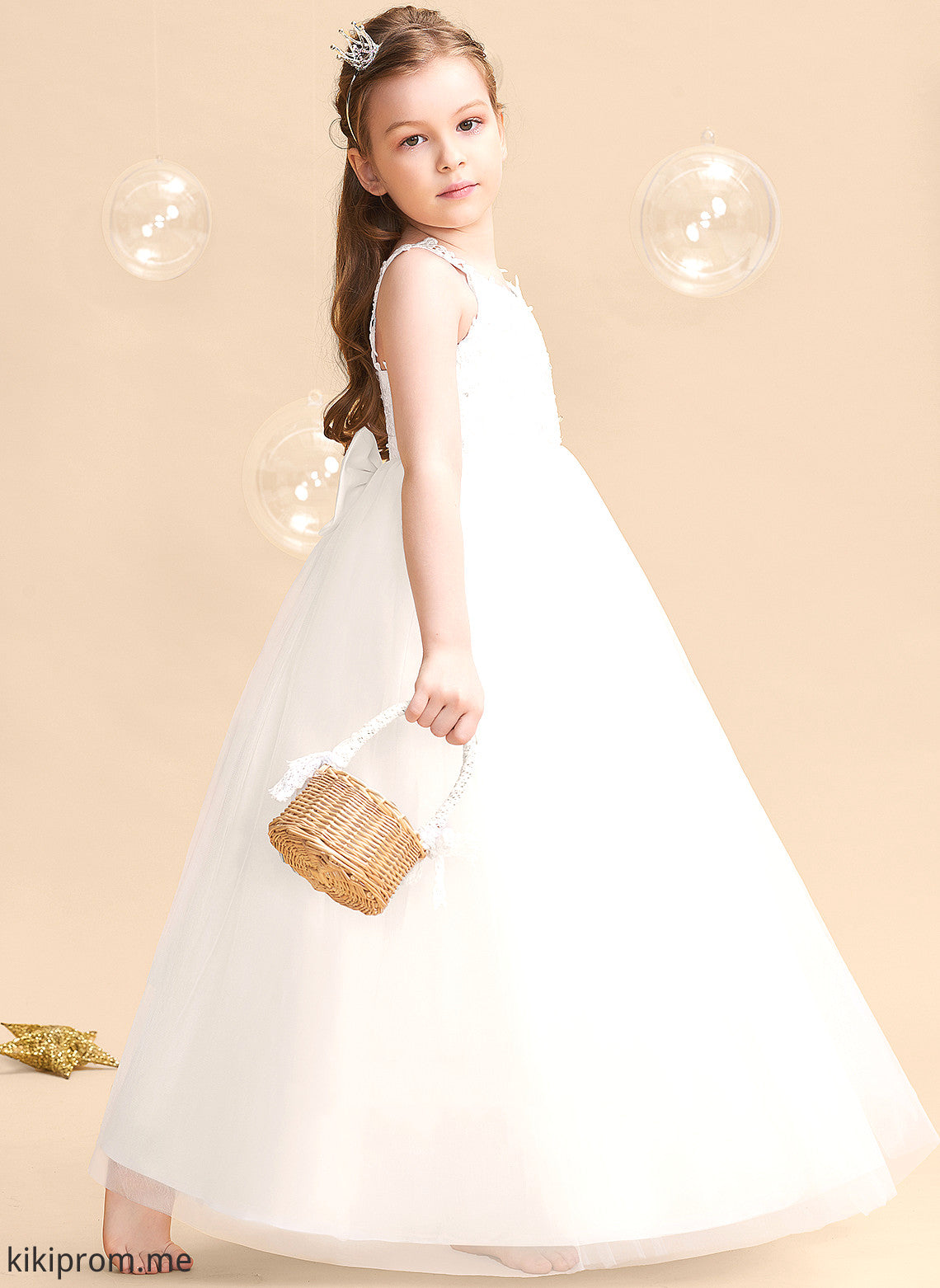 Girl Floor-length Flower Girl Dresses Beading/Bow(s) Sleeveless Flower Tulle/Lace Karlie Dress V-neck With - Ball-Gown/Princess