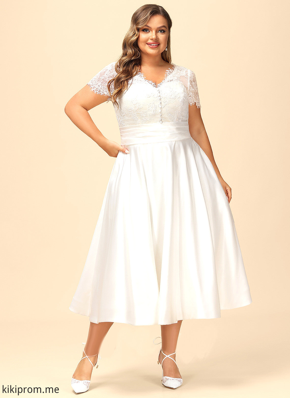 Tea-Length Wedding Dresses Lace Allison Dress Ruffle V-neck Wedding A-Line Satin Pockets With