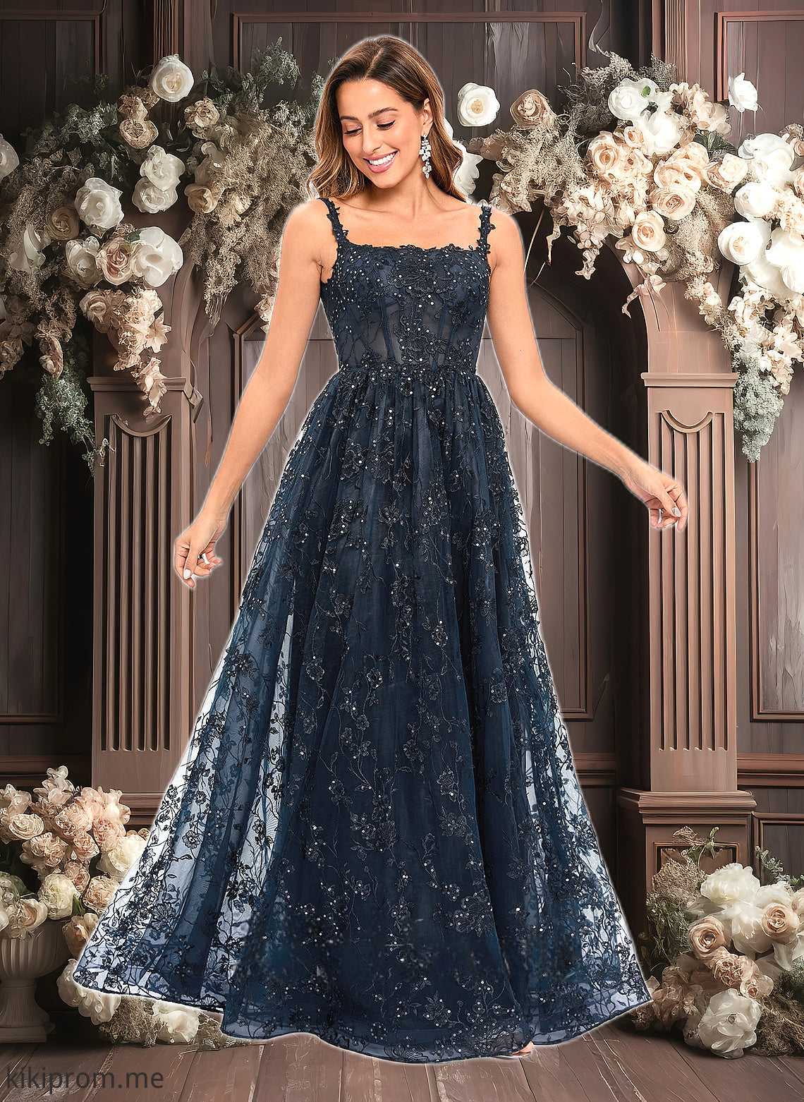 Scarlet A-line Square Floor-Length Organza Lace Floral Prom Dresses With Sequins HFP0025844