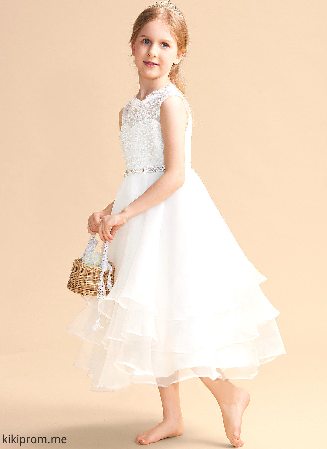 Scoop - Sleeveless Flower Girl Dresses Beading/Rhinestone Neck Organza/Lace Angelina Flower Girl A-Line Dress Tea-length With