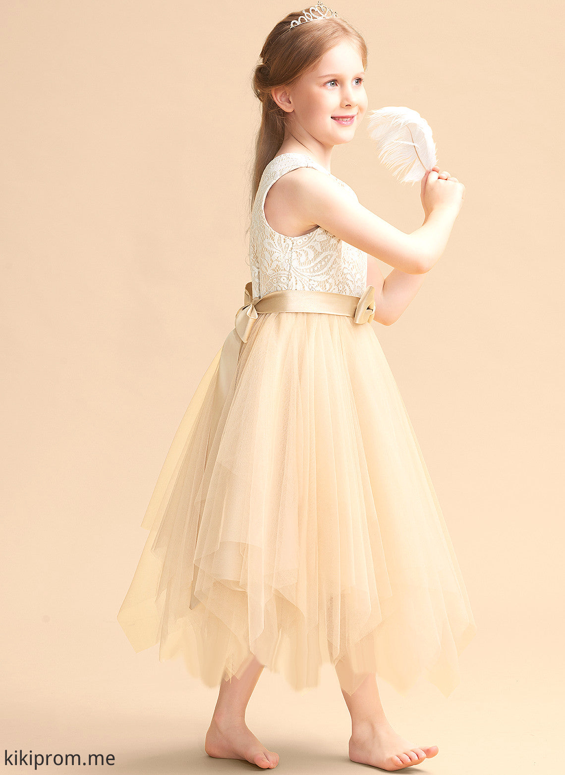 Girl Tulle Neck Tea-length Dress - Flower Lace/Bow(s) Lauryn Sleeveless With A-Line Scalloped Flower Girl Dresses