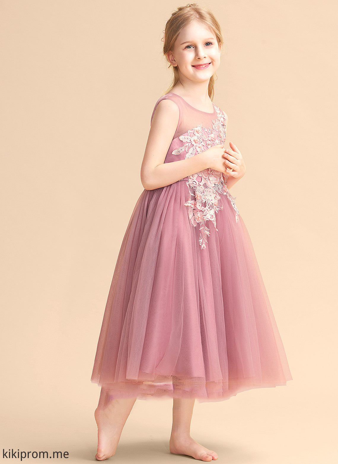 Tulle Sleeveless Girl Scoop Dress Flower Neck Jordin With Flower Girl Dresses Tea-length Lace/Beading - Ball-Gown/Princess