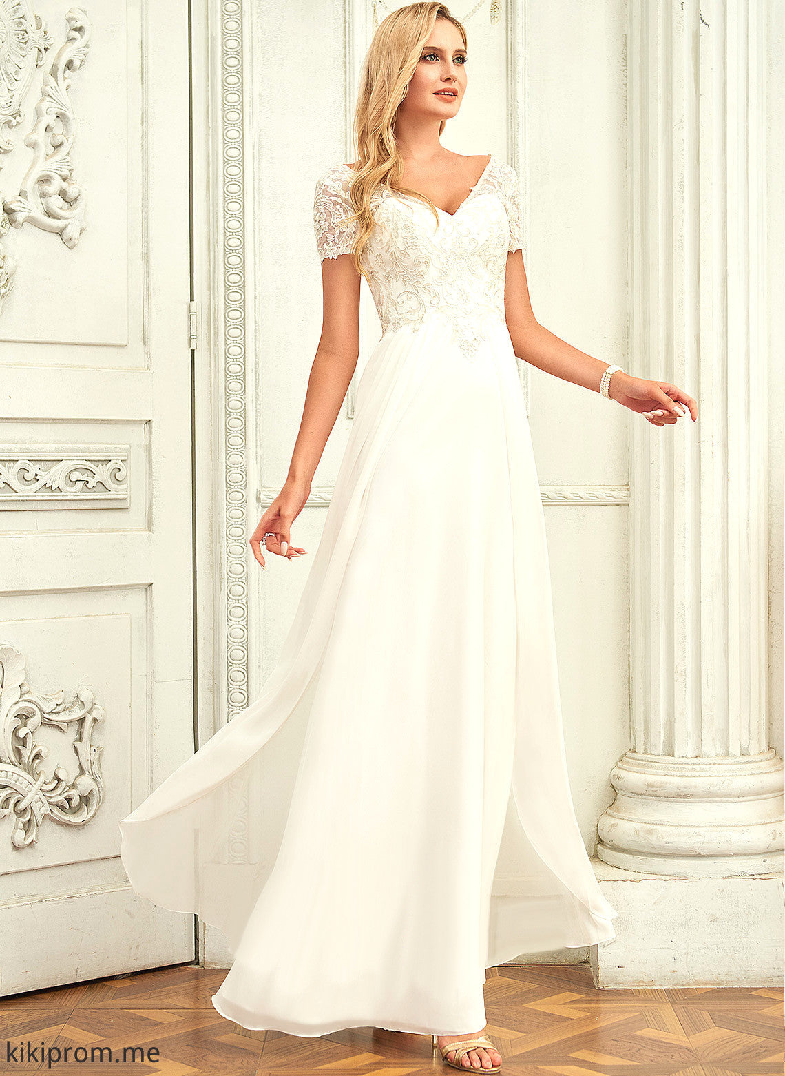 Dress Wedding V-neck With Floor-Length Wedding Dresses Chiffon Lace Ariana A-Line