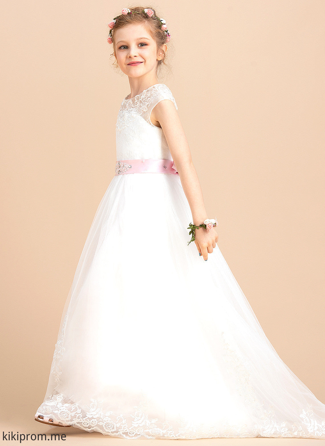 Floor-length Sleeveless Sash/Beading/Appliques/Bow(s) Neck Marcie With - Dress (Petticoat included) Tulle/Lace Girl Flower Girl Dresses NOT Flower Ball-Gown/Princess Scoop