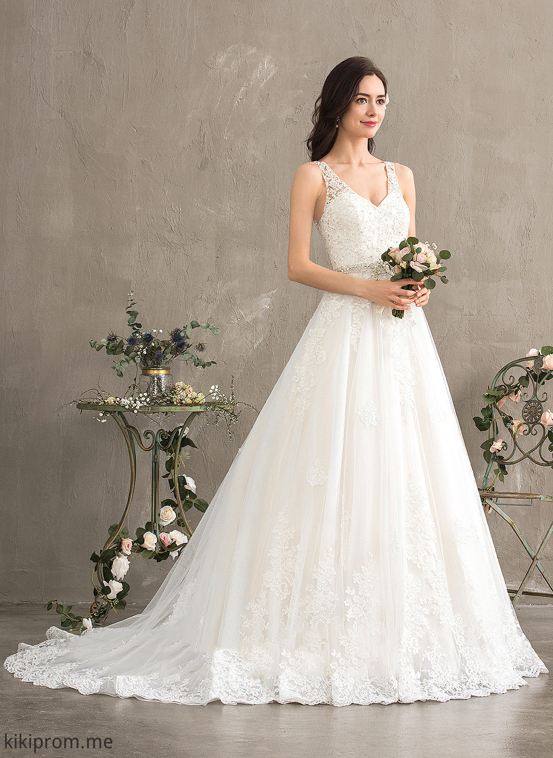 Sequins Beading Court Miah Ball-Gown/Princess V-neck Train Wedding Tulle Wedding Dresses With Dress Lace