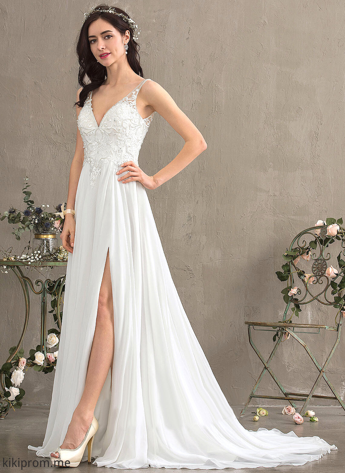 Beading Lace With Wedding Wedding Dresses Chiffon Dress Sweep A-Line Split Chelsea V-neck Front Train Sequins