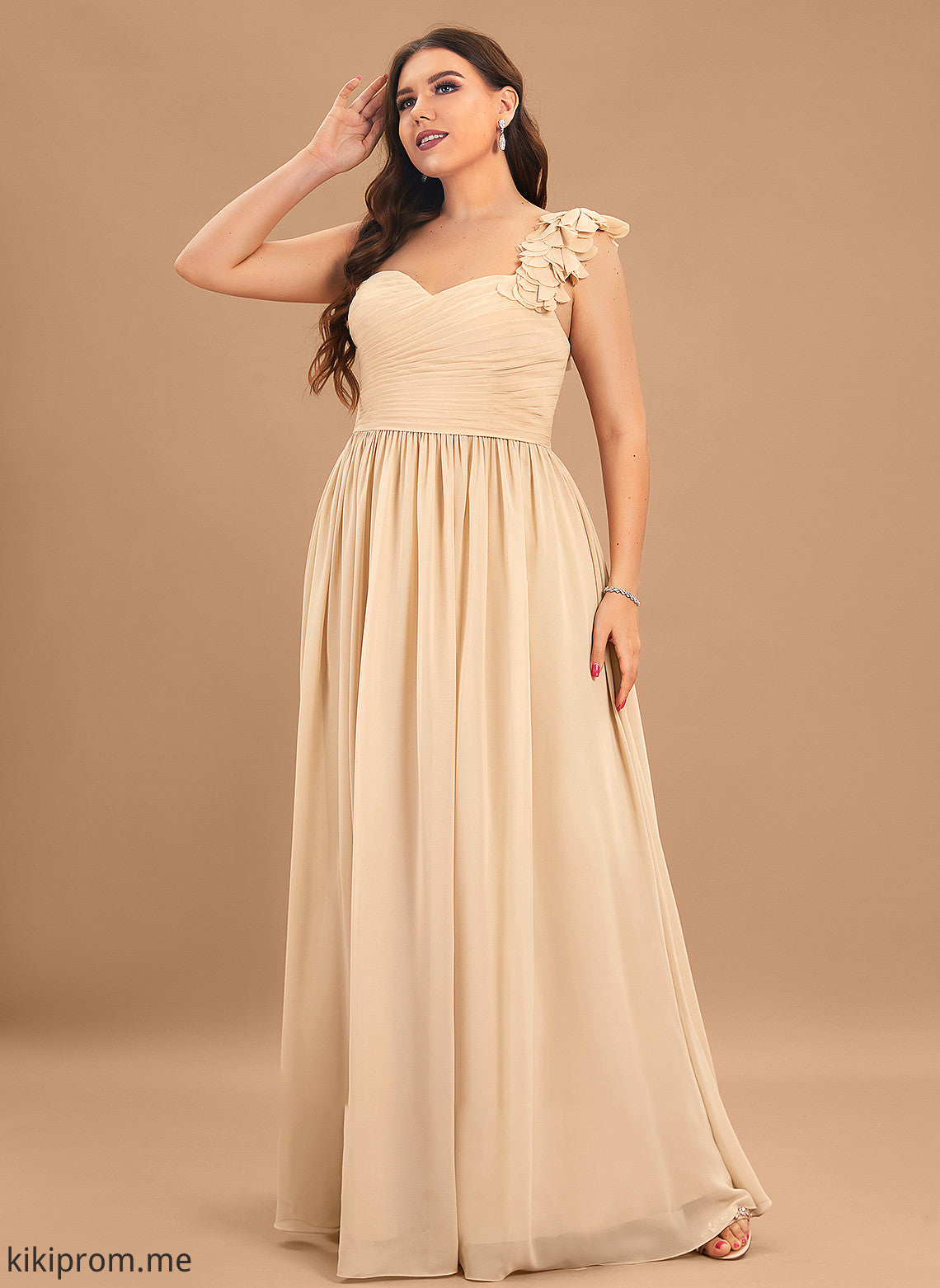 A-Line Kailey Floor-Length One-Shoulder Flower(s) Prom Dresses With Chiffon Ruffle