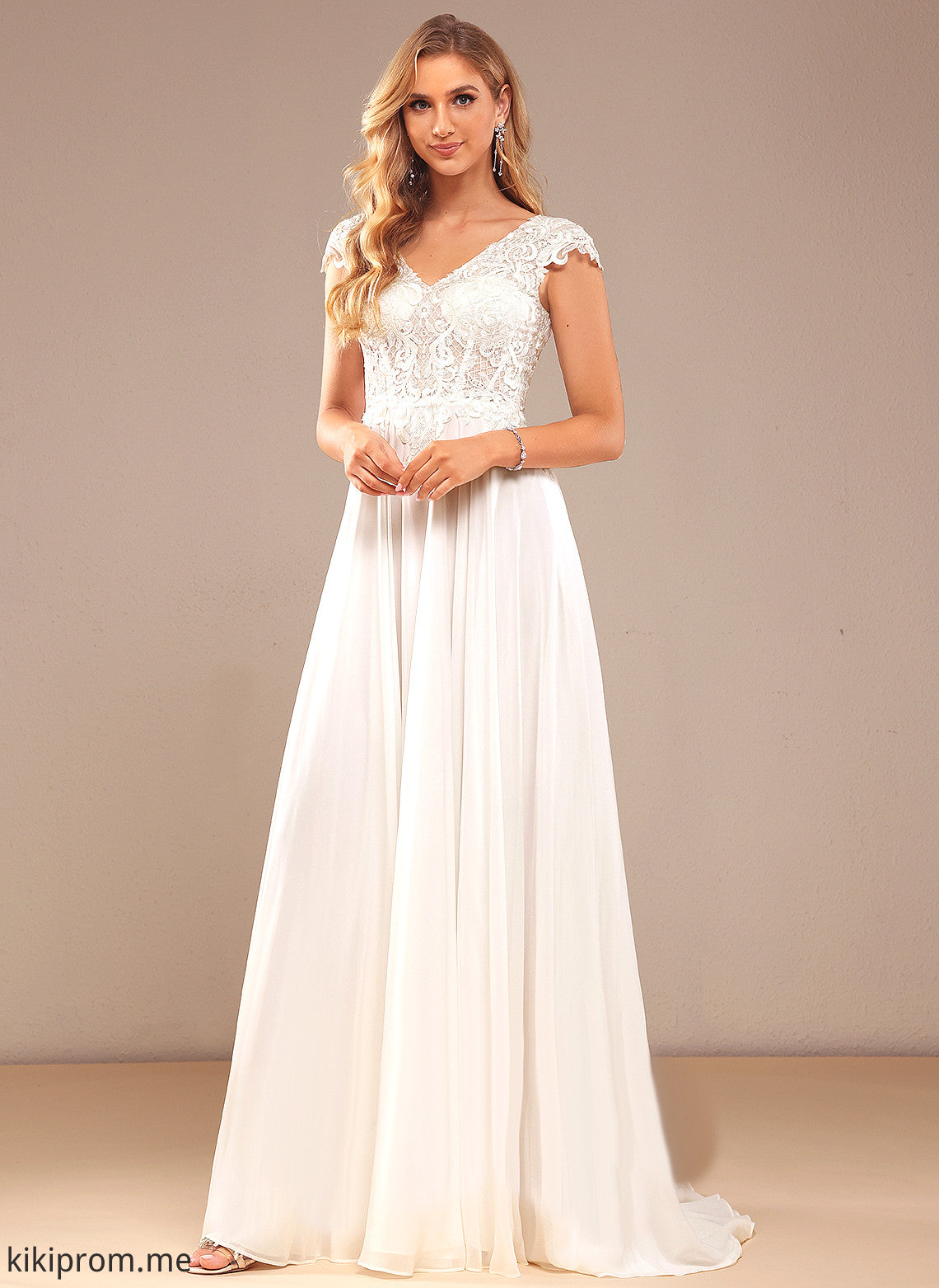 A-Line Natasha Wedding Dresses Chiffon Sweep Dress Lace Train V-neck Wedding Lace With