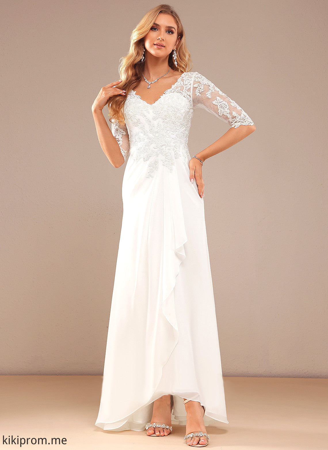 Ruffle V-neck A-Line Chiffon Wedding Lace Kaylen Asymmetrical Dress With Wedding Dresses