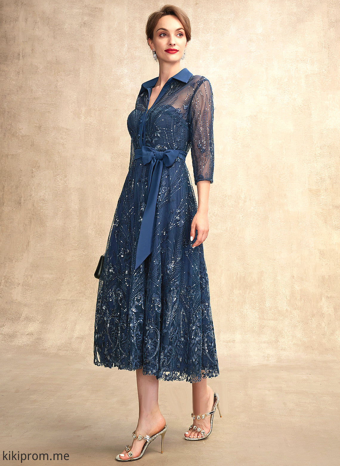 Bow(s) Bride Prudence Tea-Length With Mother Sequins A-Line of V-neck Dress Lace Mother of the Bride Dresses Chiffon the